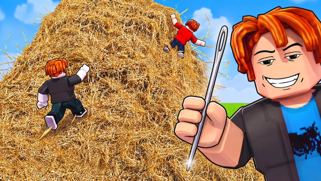 Search For The Needle characters climbing a giant haystack while another player holds the needle