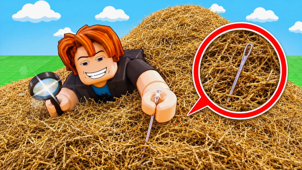 A Search For The Needle character searching a haystack with a magnifying glass and a visible needle